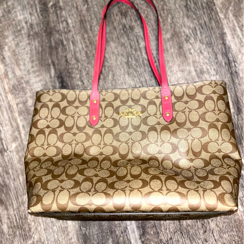 Coach bag, Guc ,brown bag with melon/pink handles and inside , leather interior